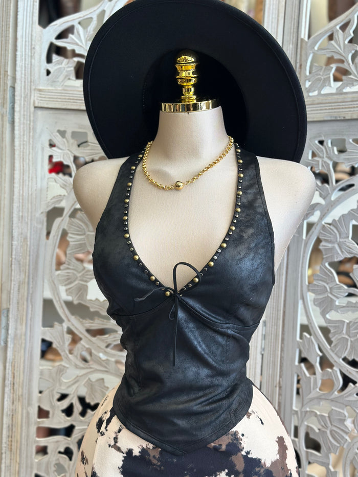Faux Leather Black Studded Halter Top