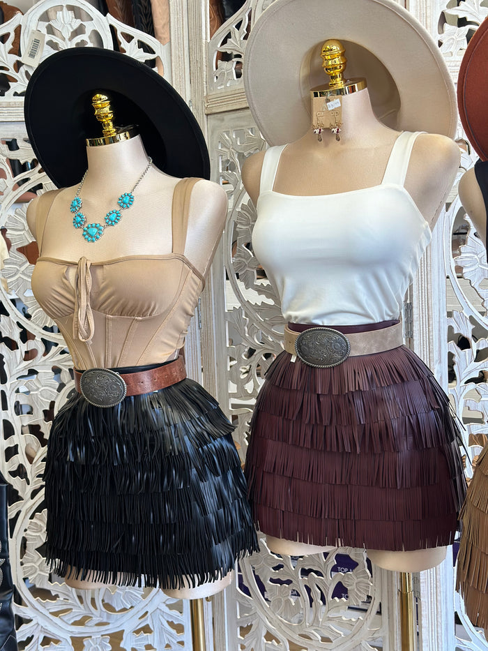 Faux Leather Fringe Mini Skirt-No Estira, Not Stretchy