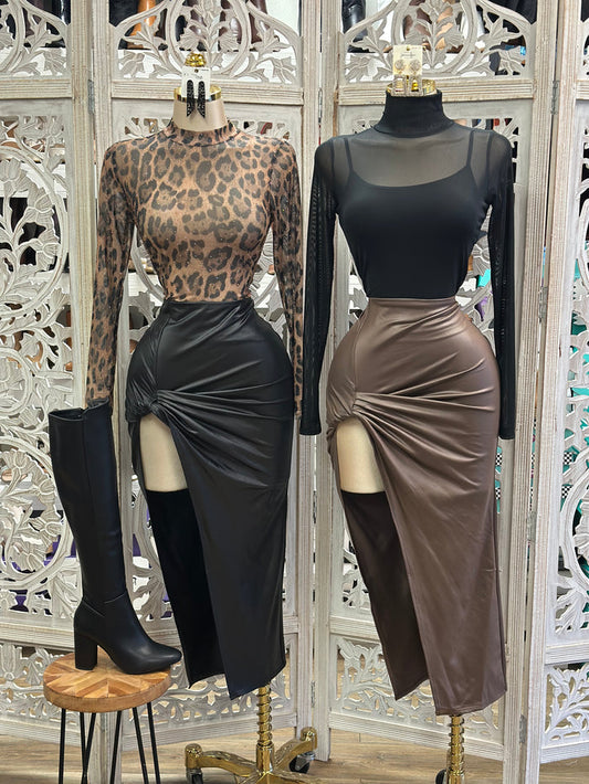 Faux Leather High Leg Knotted Skirt-  Stretchy , Estira