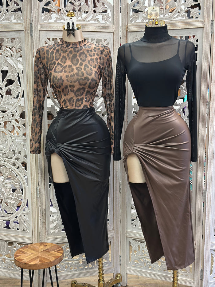 Faux Leather High Leg Knotted Skirt-  Stretchy , Estira