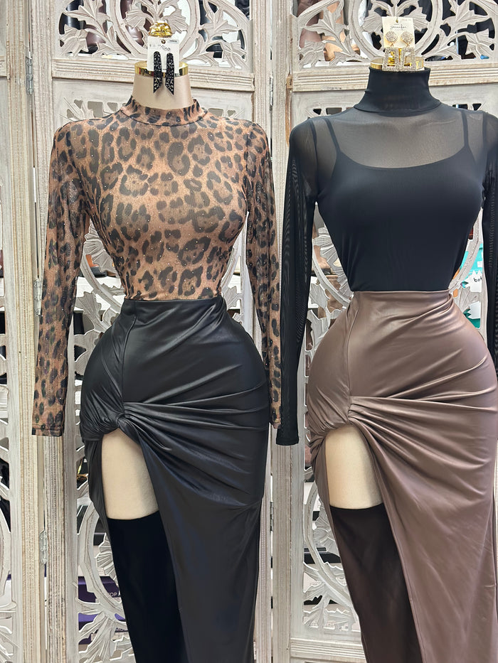Faux Leather High Leg Knotted Skirt-  Stretchy , Estira