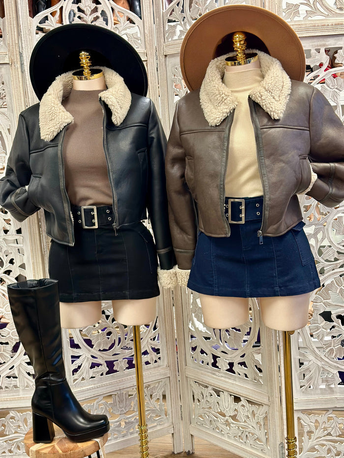Faux Leather Sherpa Collared Jacket