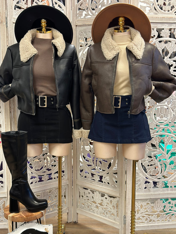 Faux Leather Sherpa Collared Jacket
