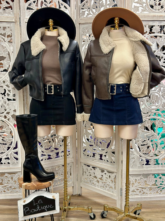Faux Leather Sherpa Collared Jacket