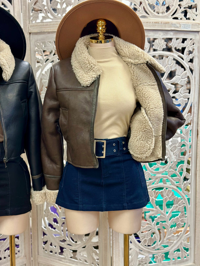 Faux Leather Sherpa Collared Jacket