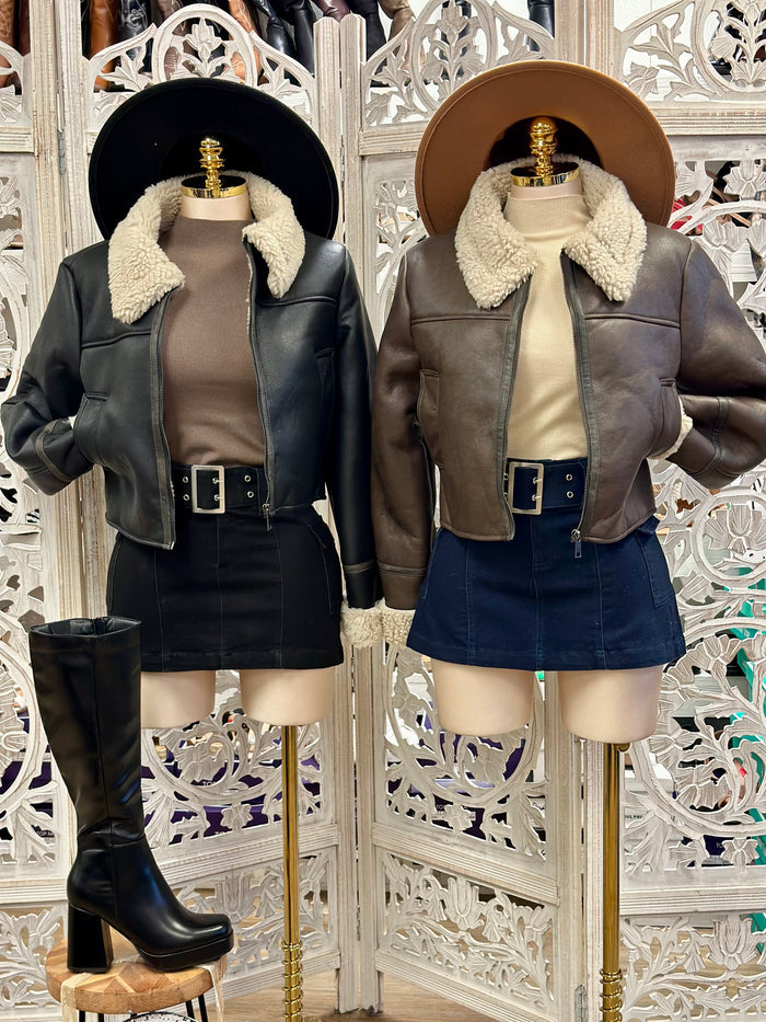 Faux Leather Sherpa Collared Jacket