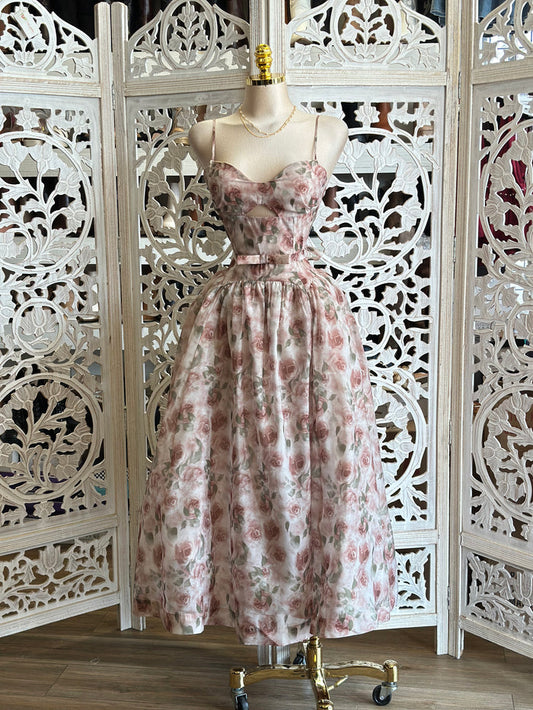 Floral Bow Puff Dress- Slightly Stretchy, Estira Poco