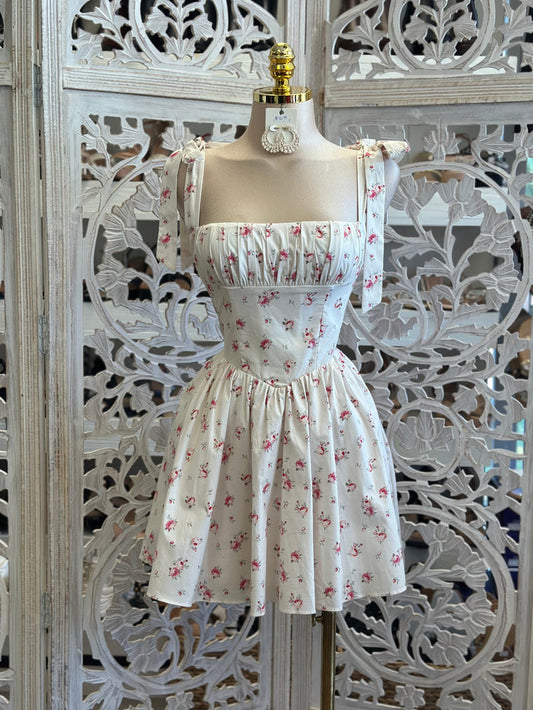 Floral Bow Strap Mini Dress- Not Stretchy ,No Estira