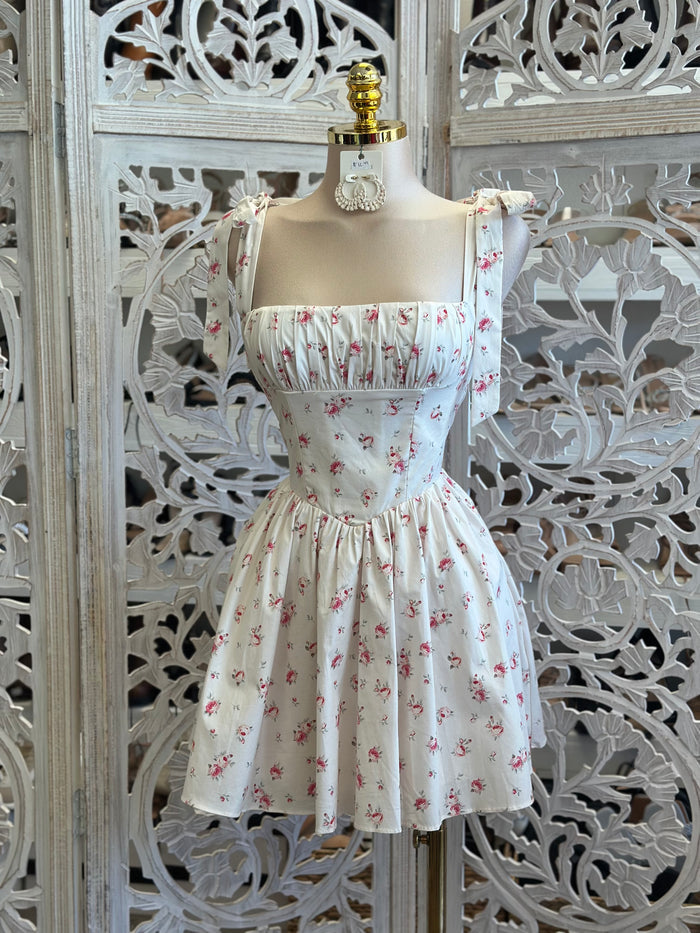 Floral Bow Strap Mini Dress- Not Stretchy ,No Estira