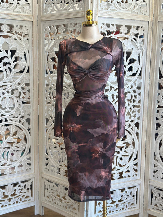 Floral Mesh Bow Midi Dress- Stretchy,Estira