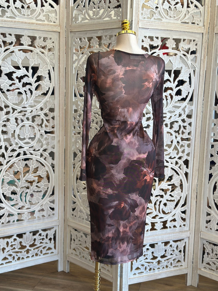 Floral Mesh Bow Midi Dress- Stretchy,Estira
