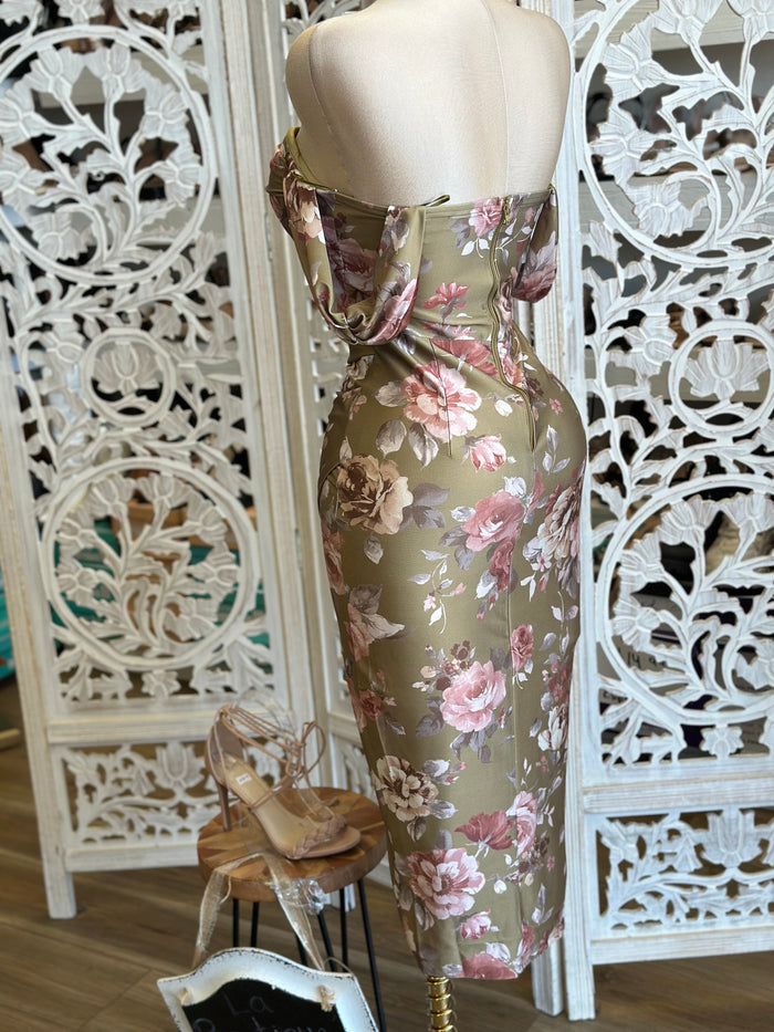 Floral Off Shoulder Wrapped Dress- Stretchy, Estira