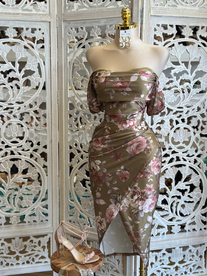 Floral Off Shoulder Wrapped Dress- Stretchy, Estira