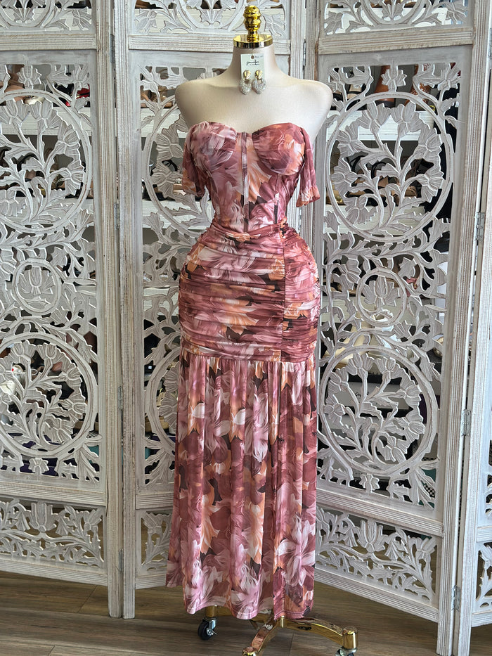 Floral Overlay Pattern Corset Dress- Stretchy, Estira