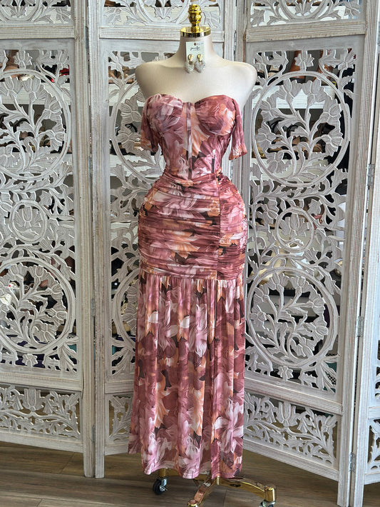 Floral Overlay Pattern Corset Dress- Stretchy, Estira