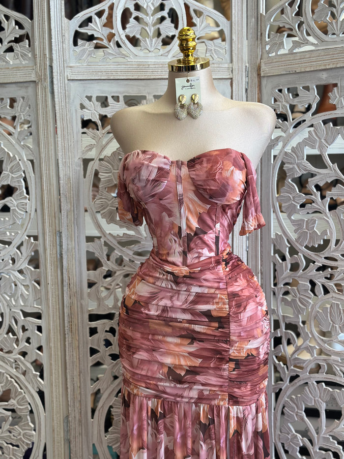 Floral Overlay Pattern Corset Dress- Stretchy, Estira