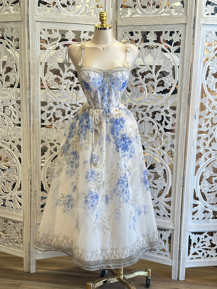 Floral Strap Blue Dress -Estira , super Stretchy (Copy)