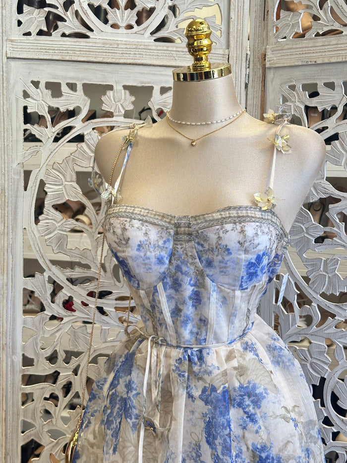 Floral Strap Blue Dress -Estira , super Stretchy (Copy)