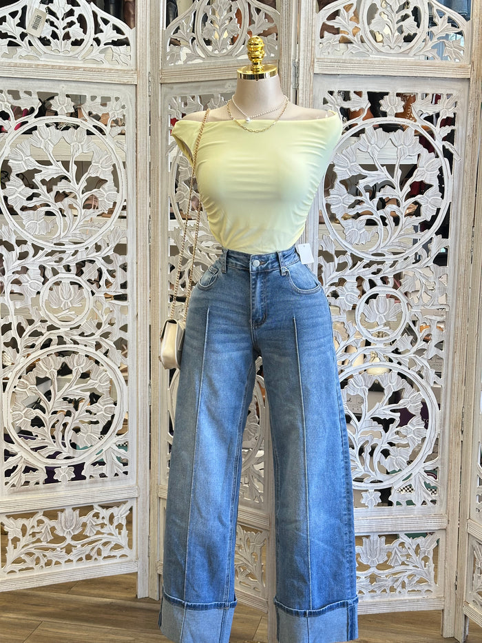 Fold Over Wide Leg Jeans -Estira , Stretchy