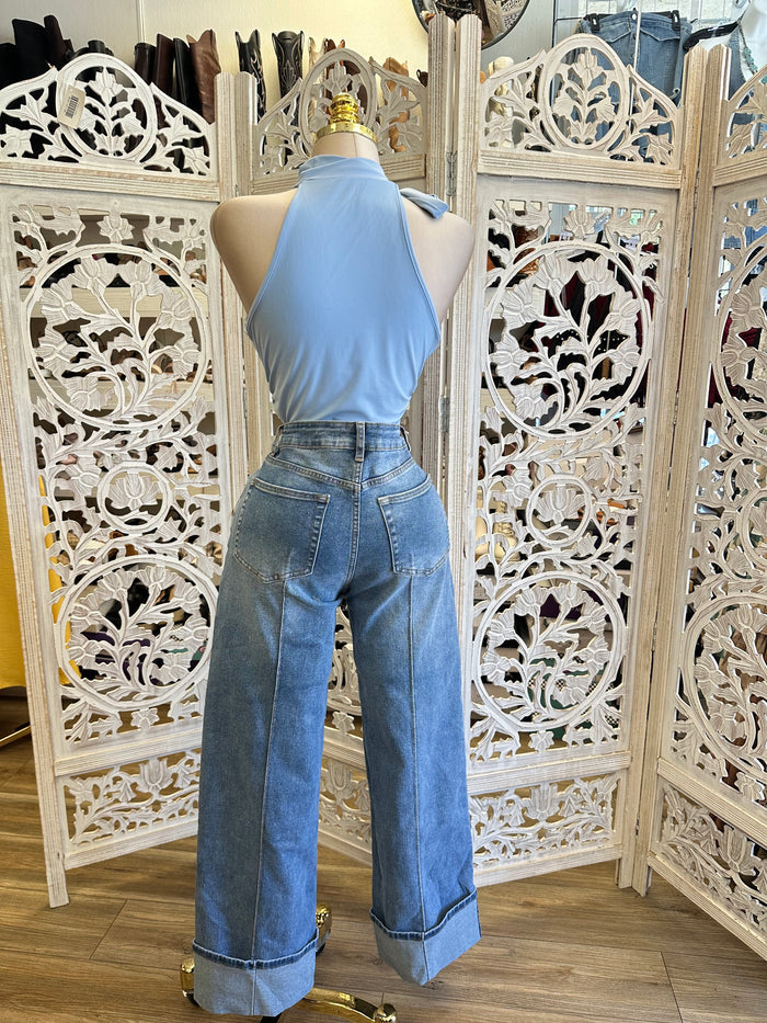 Fold Over Wide Leg Jeans -Estira , Stretchy