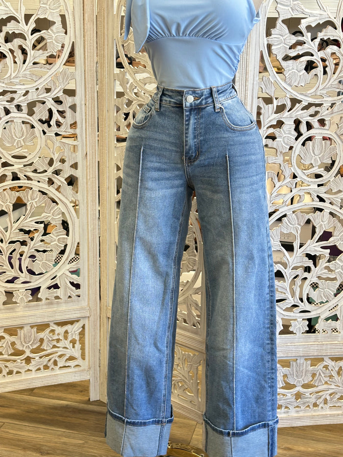 Fold Over Wide Leg Jeans -Estira , Stretchy