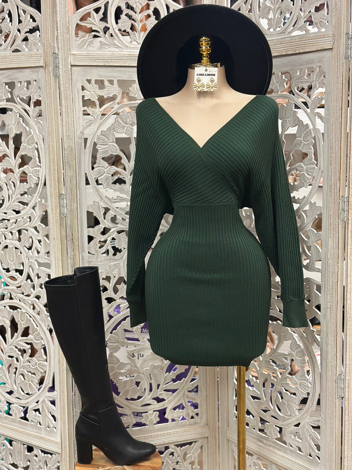 Forest Green Wrapped Sweater Mini Dress- Stretchy,Estira