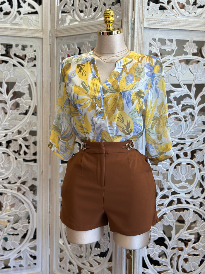 Fresh Yellow Floral Blouse - Estira Poco , Slightly Stretchy