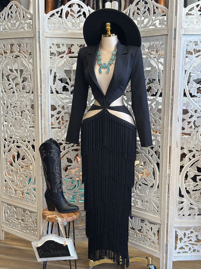 Fringe Hip Cutout Black Dress-No Estira, Not Stretchy