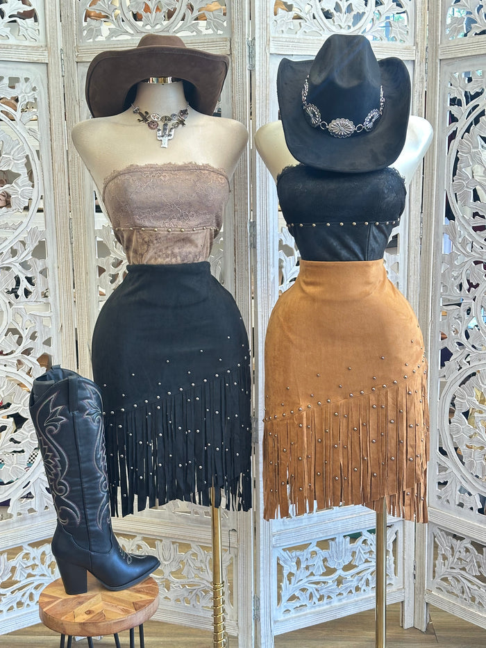 Fringe Studded Midi Skirt- Estira , Stretchy