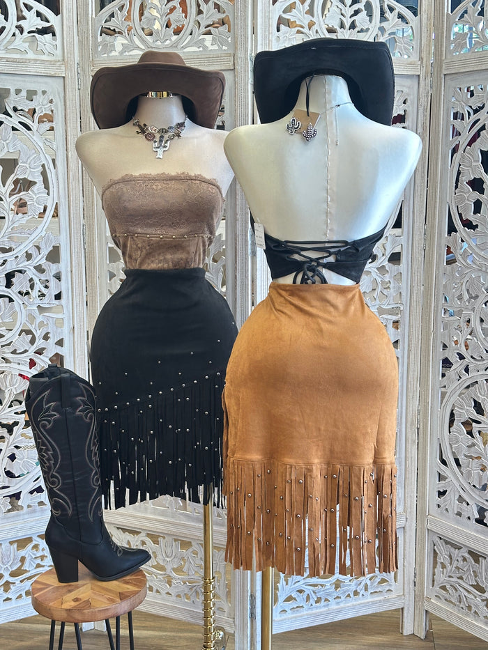 Fringe Studded Midi Skirt- Estira , Stretchy
