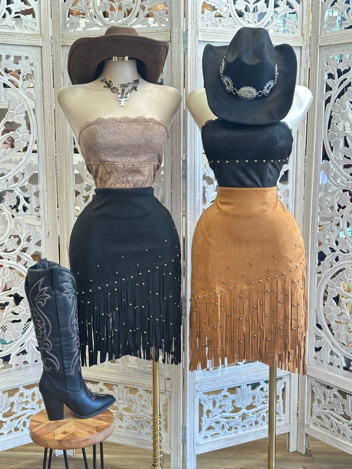 Fringe Studded Midi Skirt- Estira , Stretchy