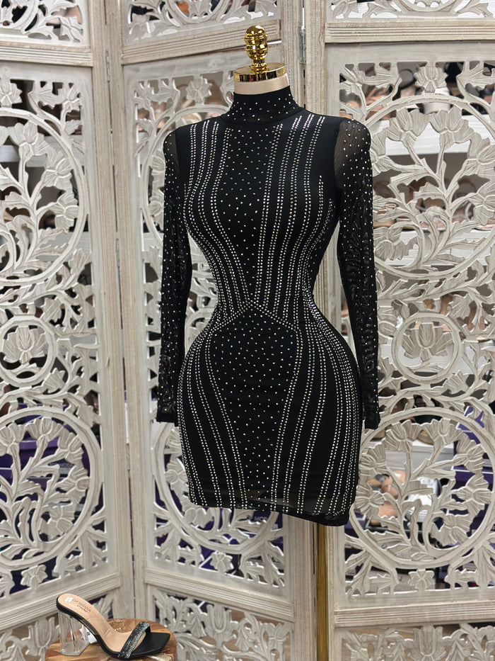 Geometric Black Rhinestone Mini Dress- Slightly Stretchy,Estira Poco