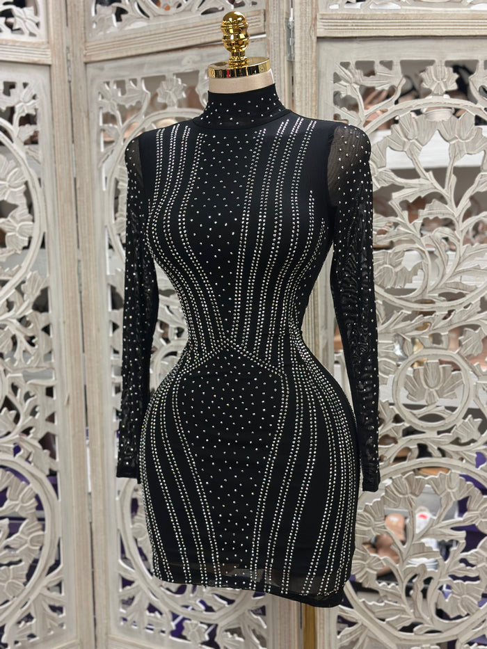 Geometric Black Rhinestone Mini Dress- Slightly Stretchy,Estira Poco