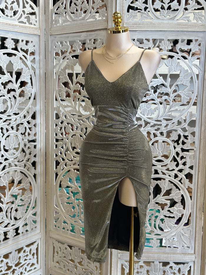 Glitter Silver Cami Slit Dress- Stretchy,Estira