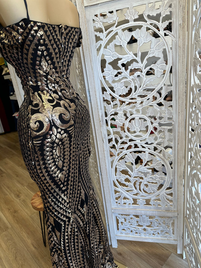 Gold and Black Sequin Design Gown