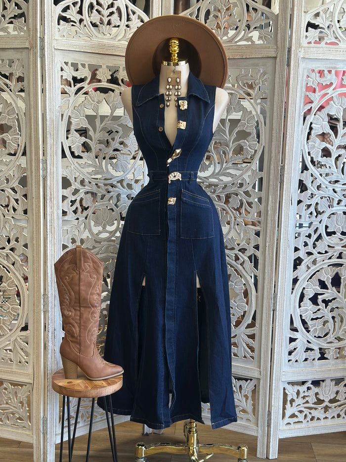 Gold Button Senses Denim Dress- Slightly Stretchy, Estira Poco