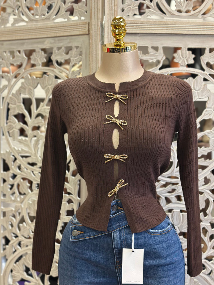Golden Bow Button Knitted Top- Estira, Stretchy