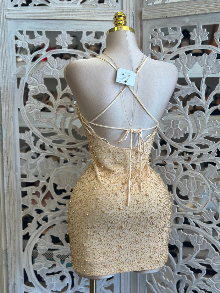 Golden Embellished Mini Dress- Stretchy, Estira