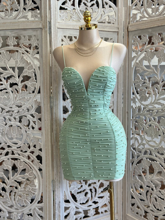 Green Heartline Pearl Embellished Ruched Mini Dress- Stretchy,Estira