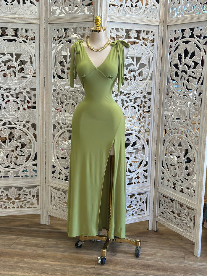 Green Scoop Ribbon Sleeve Dress- Estira, Stretchy