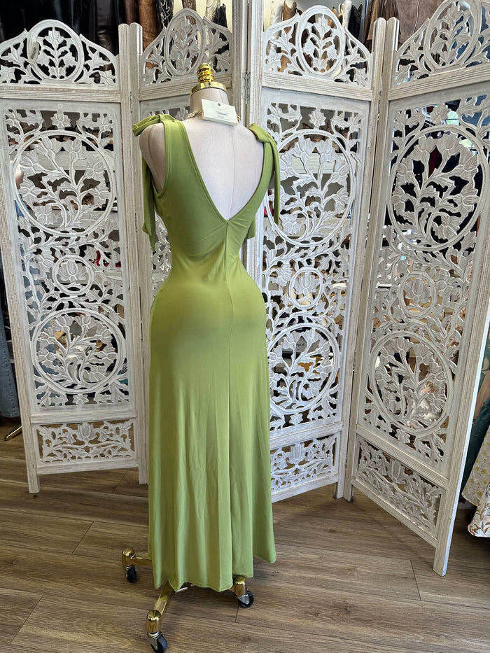 Green Scoop Ribbon Sleeve Dress- Estira, Stretchy