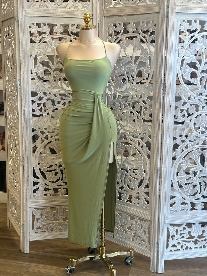 Green Strappy Back Draped Dress- Stretchy, Estira