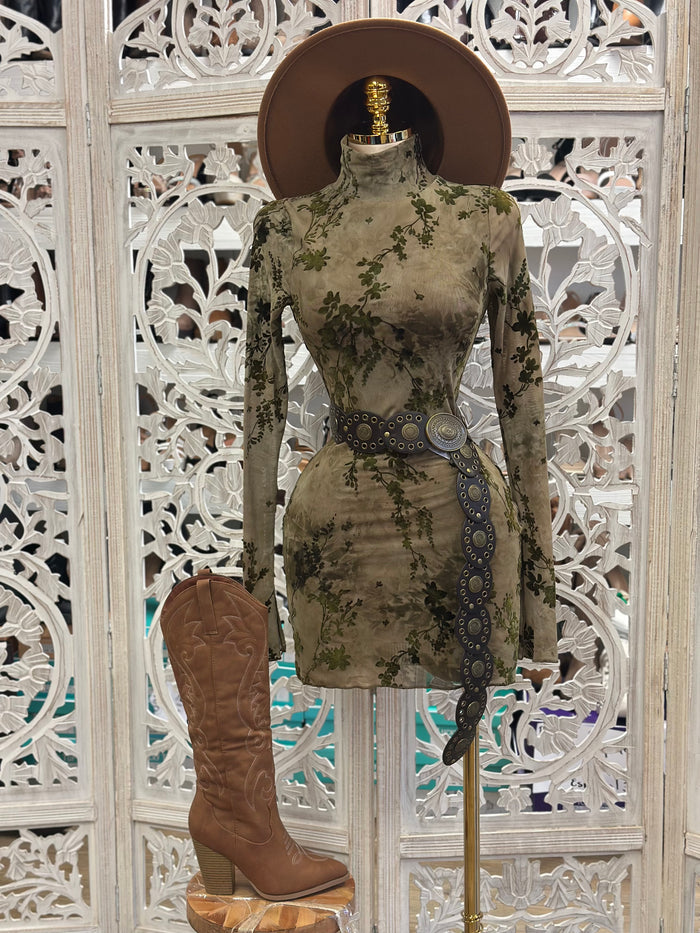 Green Suede Floral Mini Dress- Stretchy,Estira