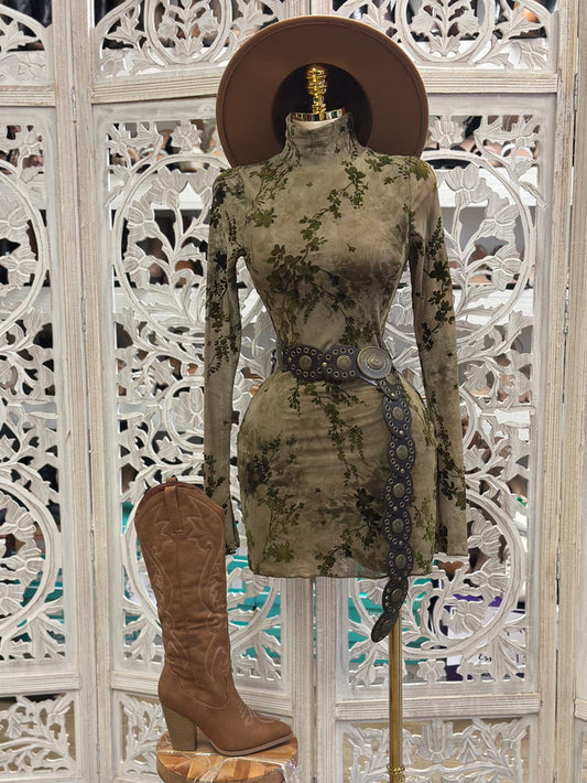 Green Suede Floral Mini Dress- Stretchy,Estira