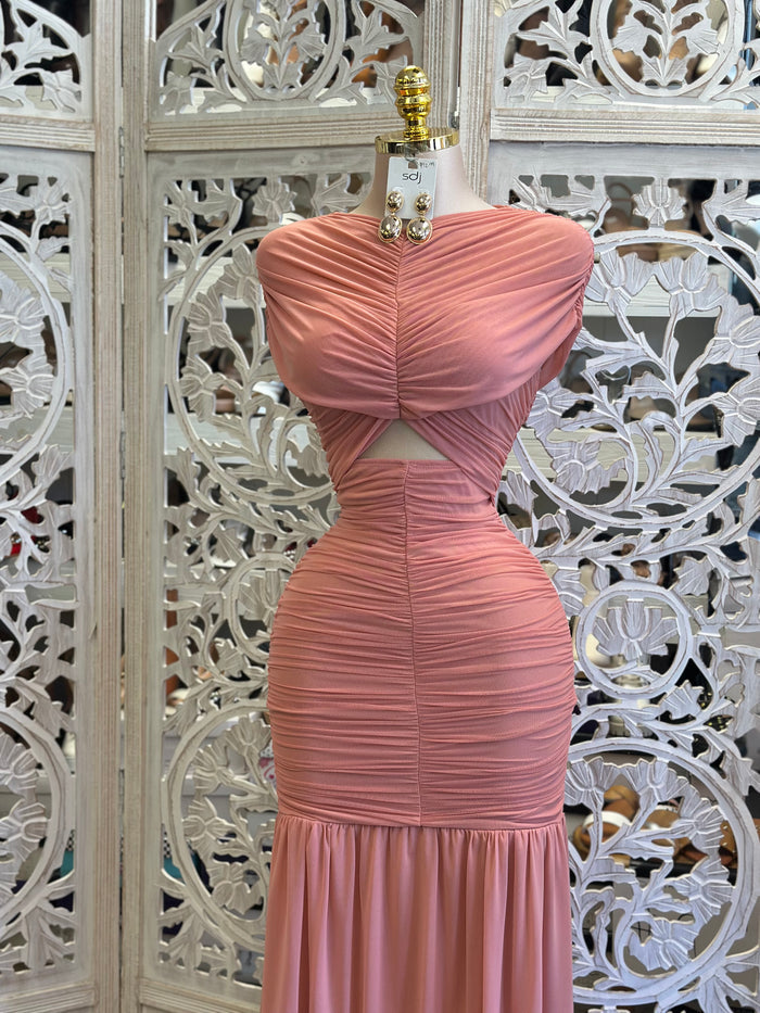 Guava Ruched Covered Evening Dress- Stretchy ,Estira