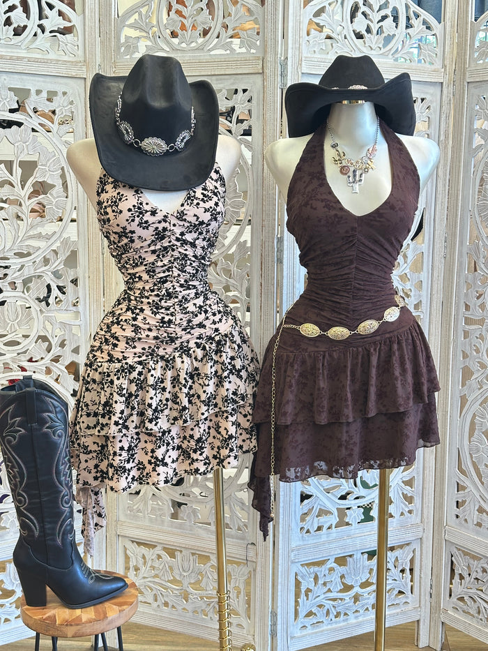 Halter Mini Floral Dress- Estira, Stretchy
