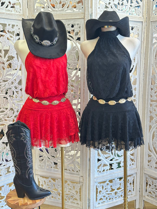 Halter Mini Lace Dress- Estira, Stretchy
