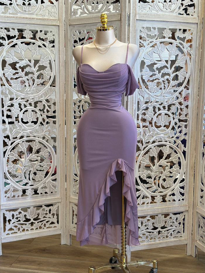 Haze Purple Off Shoulder Draped Ruffle Midi Dress-Estira, Stretchy