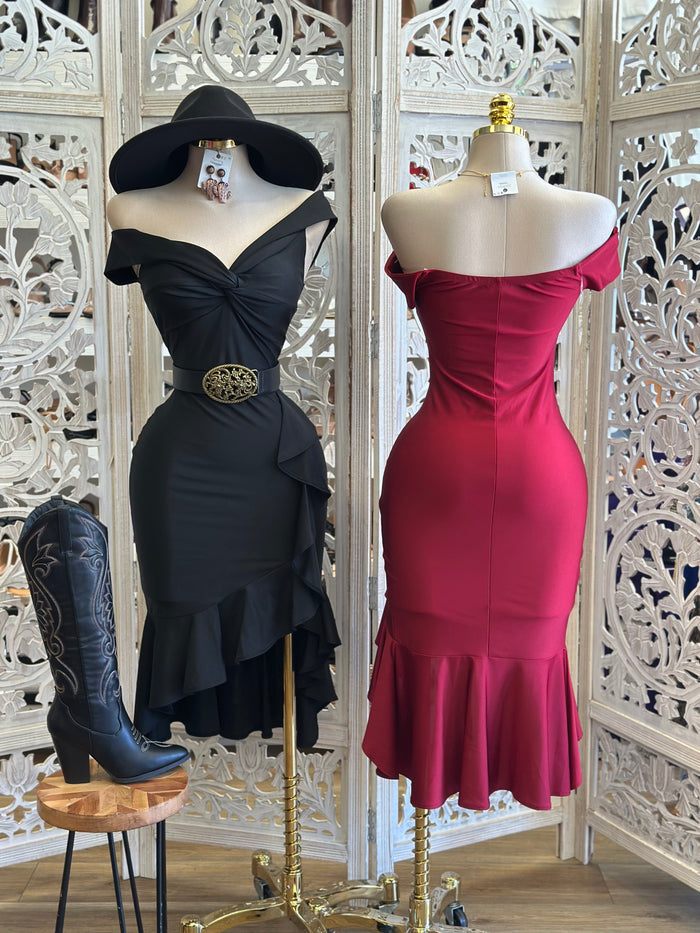 Heart Line Knotted Ruffled Dress- Stretchy