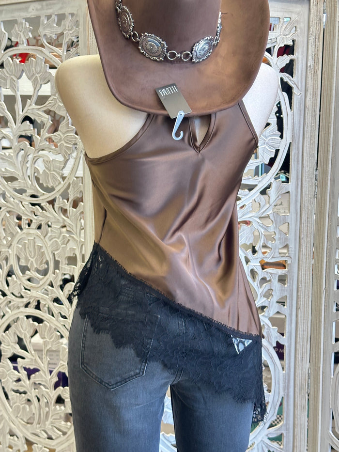High Low Satin Lace Trim Blouse